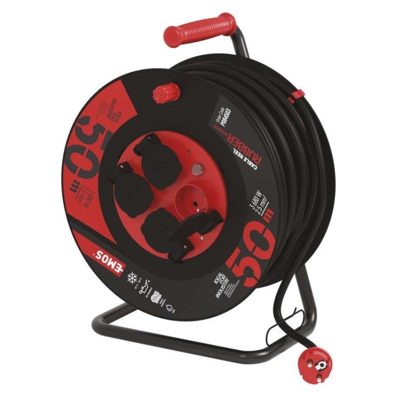 Kabel prodlužovací na bubnu EMOS 50 m / 4 zásuvky / 2,5 mm2 / guma-neopren / černý