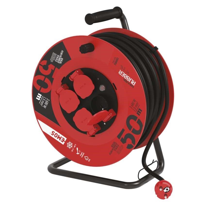 Kabel prodlužovací na bubnu EMOS 50 m / 4 zásuvky / 2,5 mm2 / guma / pohyblivý střed / černý